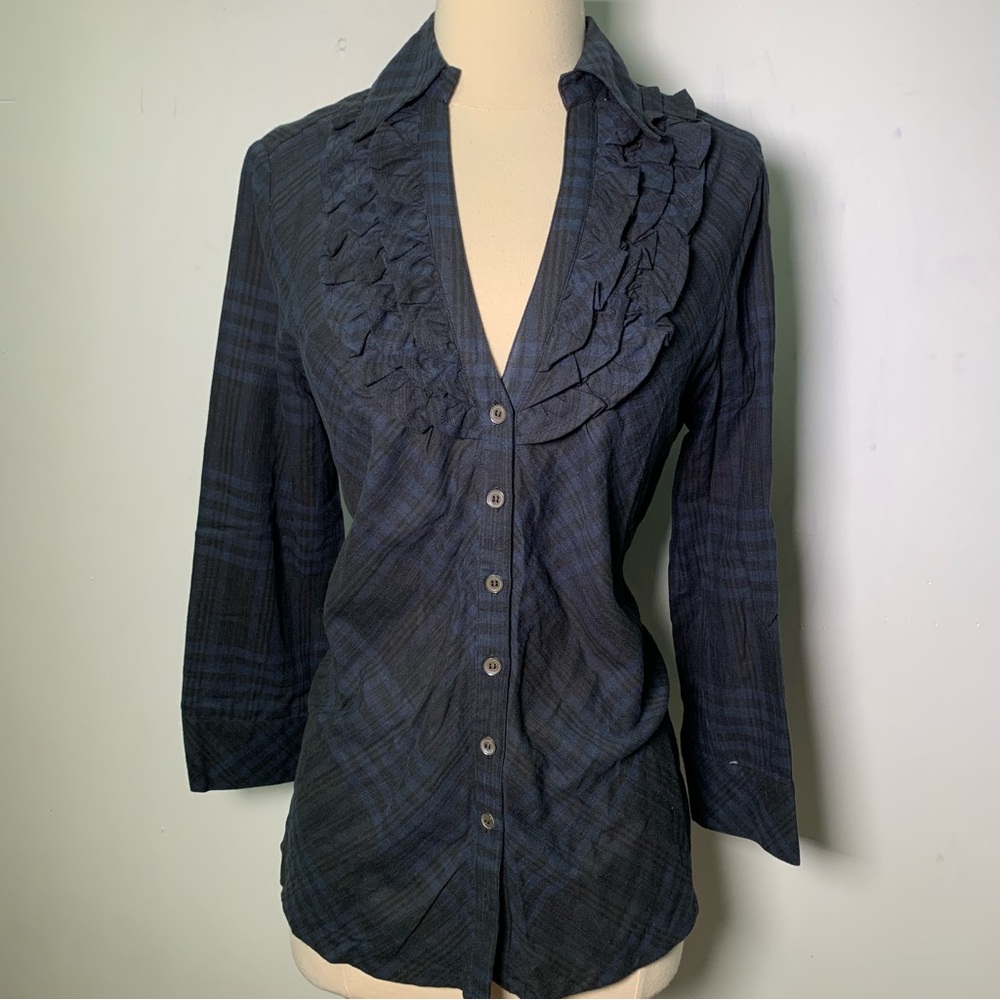 Joie NWT Blue Black Plaid Ruffle neck detail Button Up Blouse size S